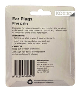 Korjo Travel Ear Plugs Set of 5 Pairs - In Hygienic Travel Case - TEP428