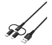 Load image into Gallery viewer, Comsol 3-in-1 Charge &amp; Sync Cable 1.2m Black - Micro USB/Lightning/USB-C Adapters AUCPMBK
