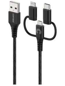 Comsol 3-in-1 Charge & Sync Cable 1.2m Black - Micro USB + Lightening + USB-C Adapters