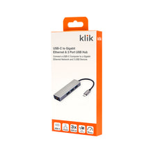 Load image into Gallery viewer, Klik USB-C Male to Gigabit Ethernet + 3 Port USB 3.0 Hub - KC03GBAD
