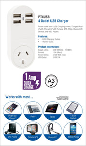 Jackson Outlet Power Adapter with 4 USB Charging Ports - PT4USB