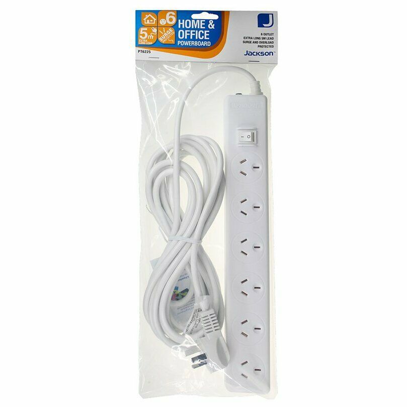 Jackson Powerboard 6 Outlet Surge, Master Switch, 5m Lead White - PT6225