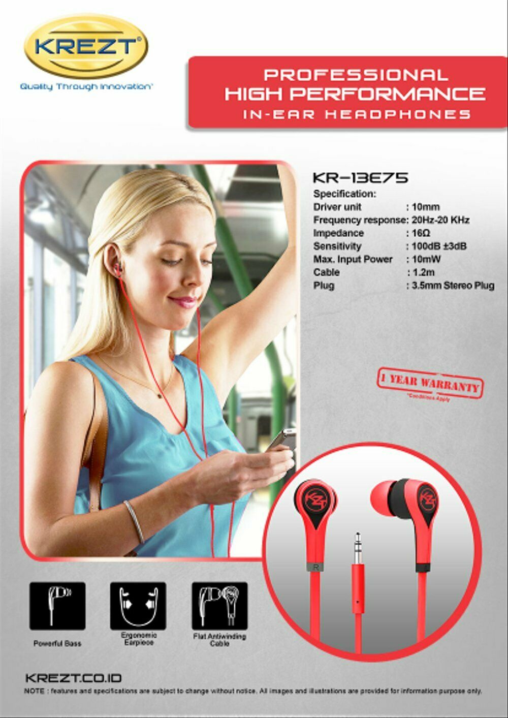 Krezt High Performance In-ear Headphones - Android Ph, iPOD, MP3, PC, iPhone